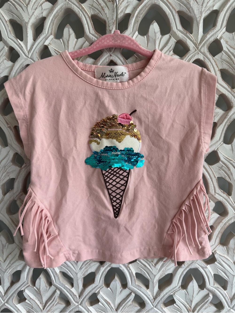 Marie Nicole Pink Sequin Ice Cream Fringe Tee, XXS